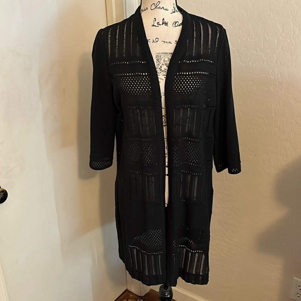 Ming Wang Black Semi Sheer Mesh Open Cardigan Duster Capsule Wardrobe Modern